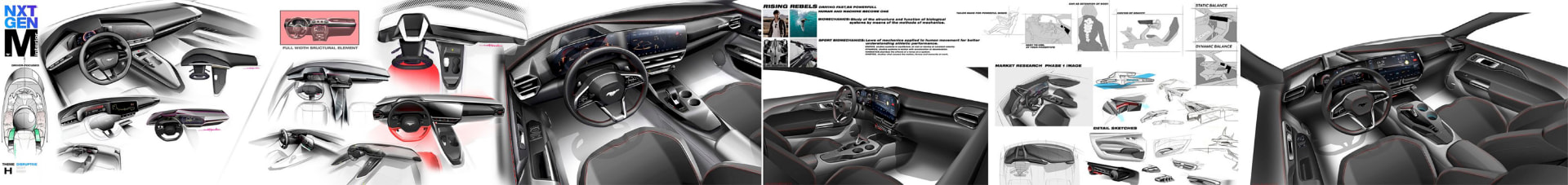 Next-gen Mustang interior sketch band: full-width structural element studies, Rising Rebels biomechanics research and cockpit renders