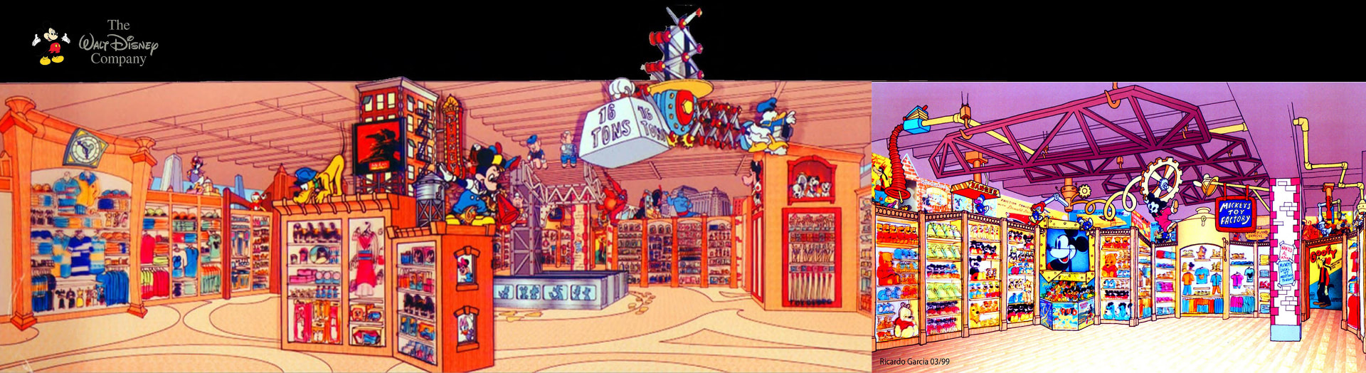Disney store interior concept renderings: themed retail floor with Mickey and Donald figures, merchandise walls and Mickey's Toy Factory zone