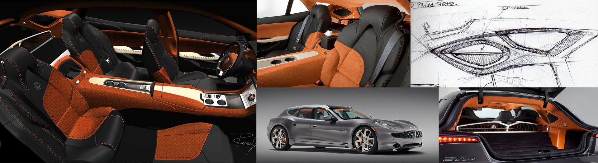 Fisker Karma Surf interior renders, D-pillar theme sketch, exterior profile and open load bay