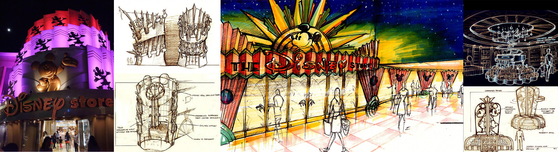 Maihama Disney store board: illuminated facade at night, concept sketches, colored storefront rendering and interior fixture studies