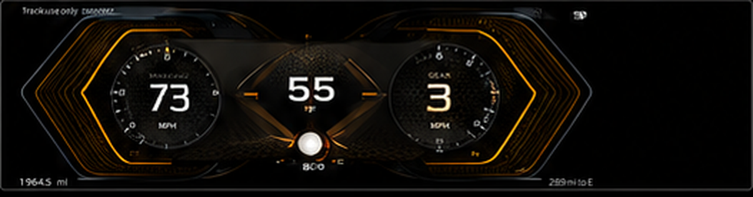 Amber track theme cluster with hexagonal gauges and center gear indicator
