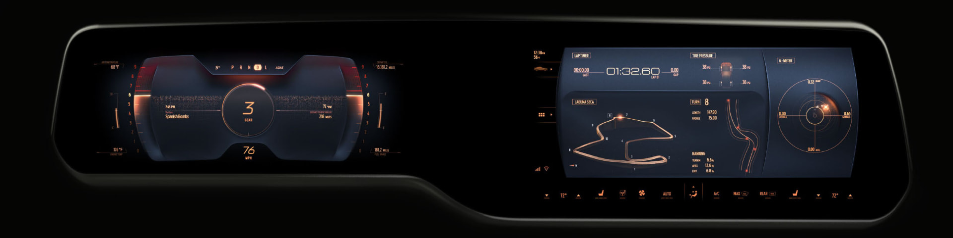 Symmetric Strength cluster theme with a centered gear indicator framed by mirrored gauges