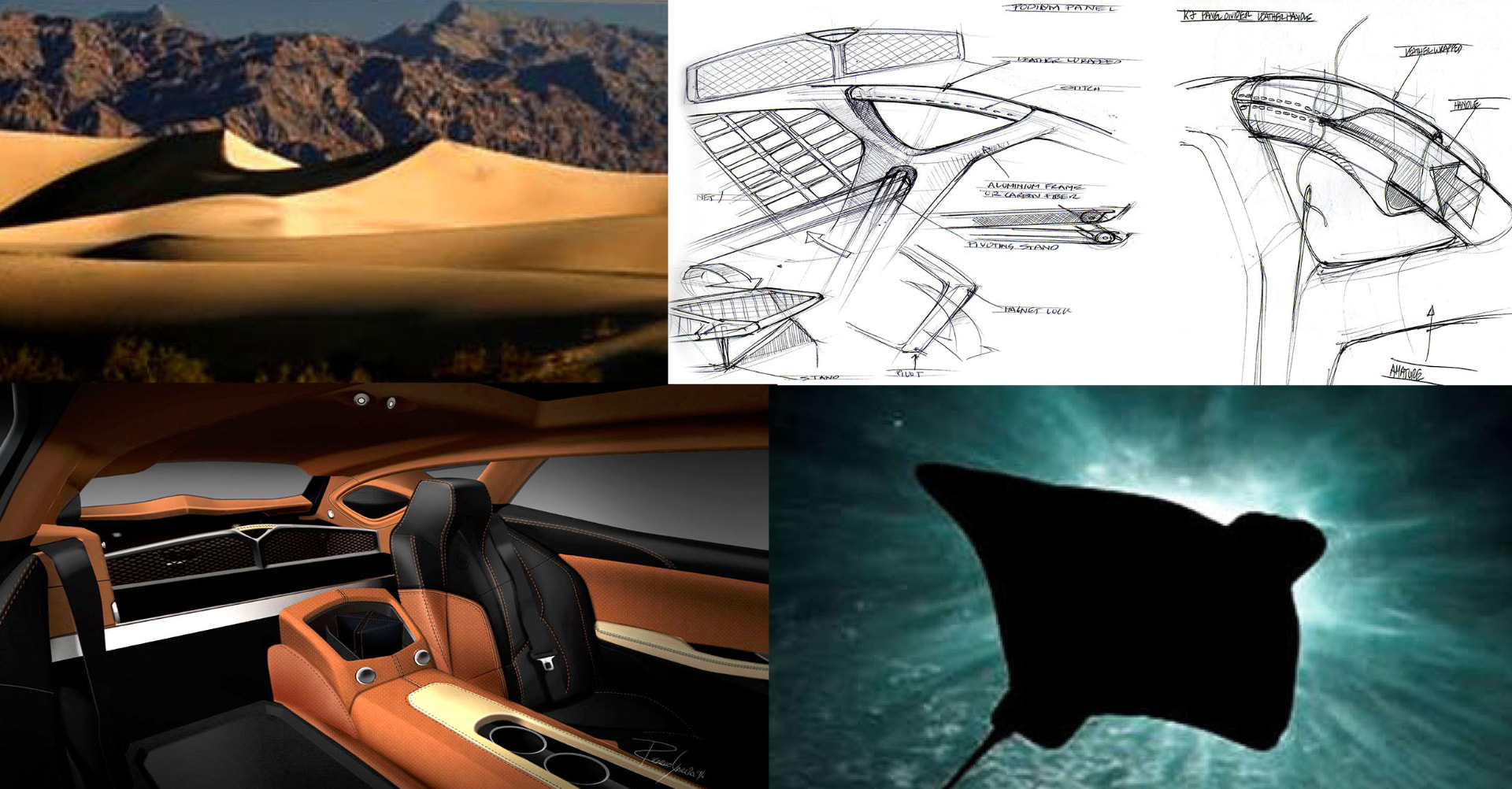 Fisker inspiration board with desert dunes, hand sketches of a leather-wrapped podium panel, an orange cabin render, and a manta ray underwater