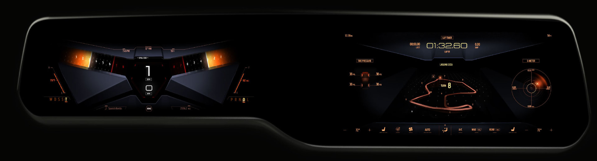 Performance Pilot cluster theme shown again next to the center display performance layout