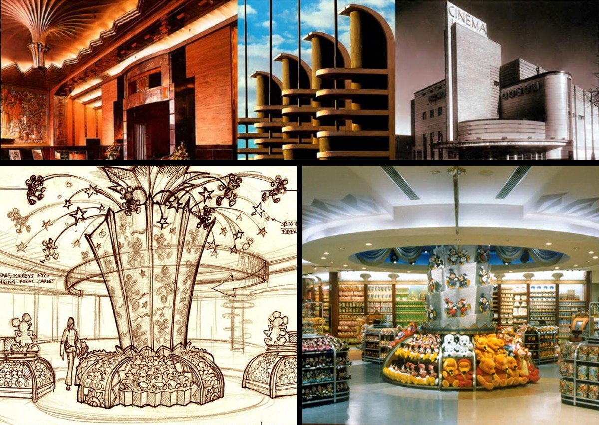 Art deco interior inspiration above concept sketch and built plush toy fixture for the Tokyo Disneyland flagship store