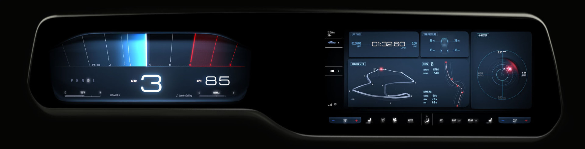 Bold Evolution cluster theme with blue and red tachometer sweep beside the center display track timer