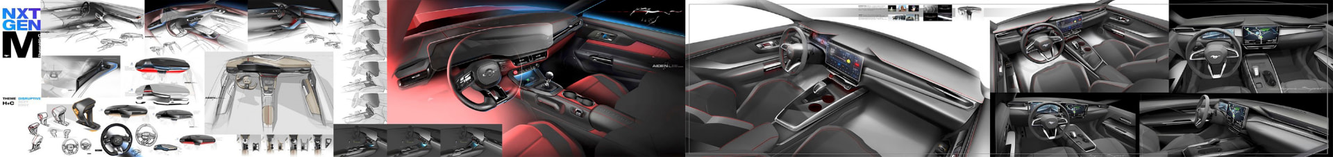 Next-gen Mustang interior sketch band: disruptive theme sketches, red cockpit render and production interior views