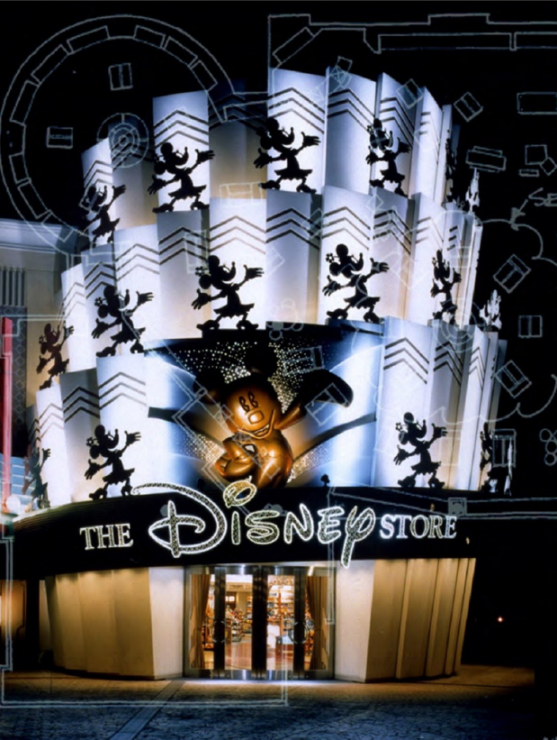 Disney Store flagship facade at night with concept sketches for the storefront