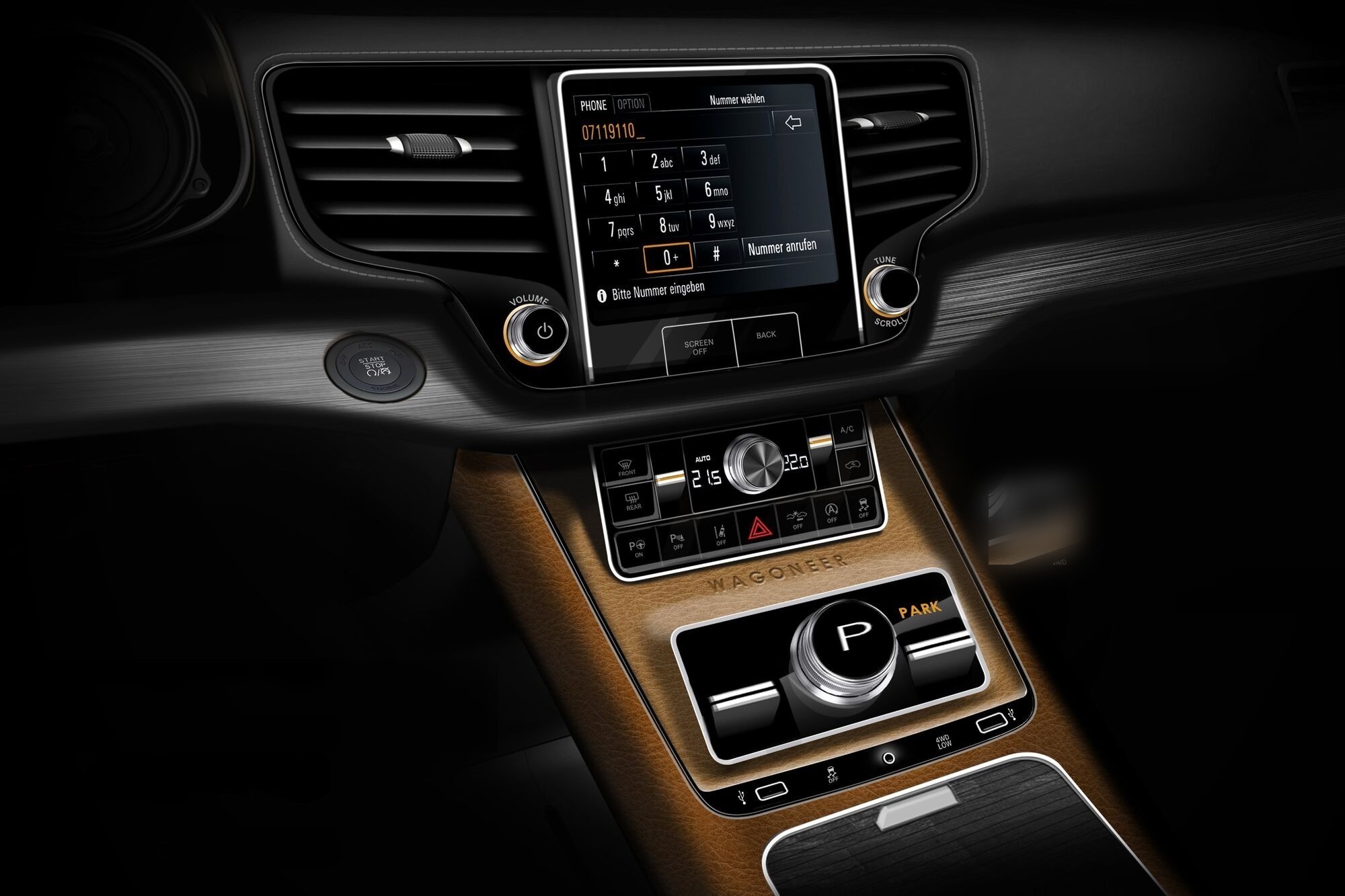 Interior concept renderings for the Jeep Grand Wagoneer showing instrument panel and console studies