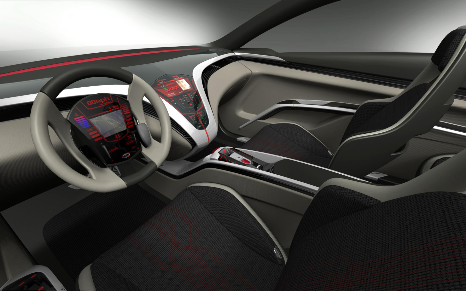Kia Kue concept interior render with a sculpted instrument panel, red-accented digital displays, and bucket seats