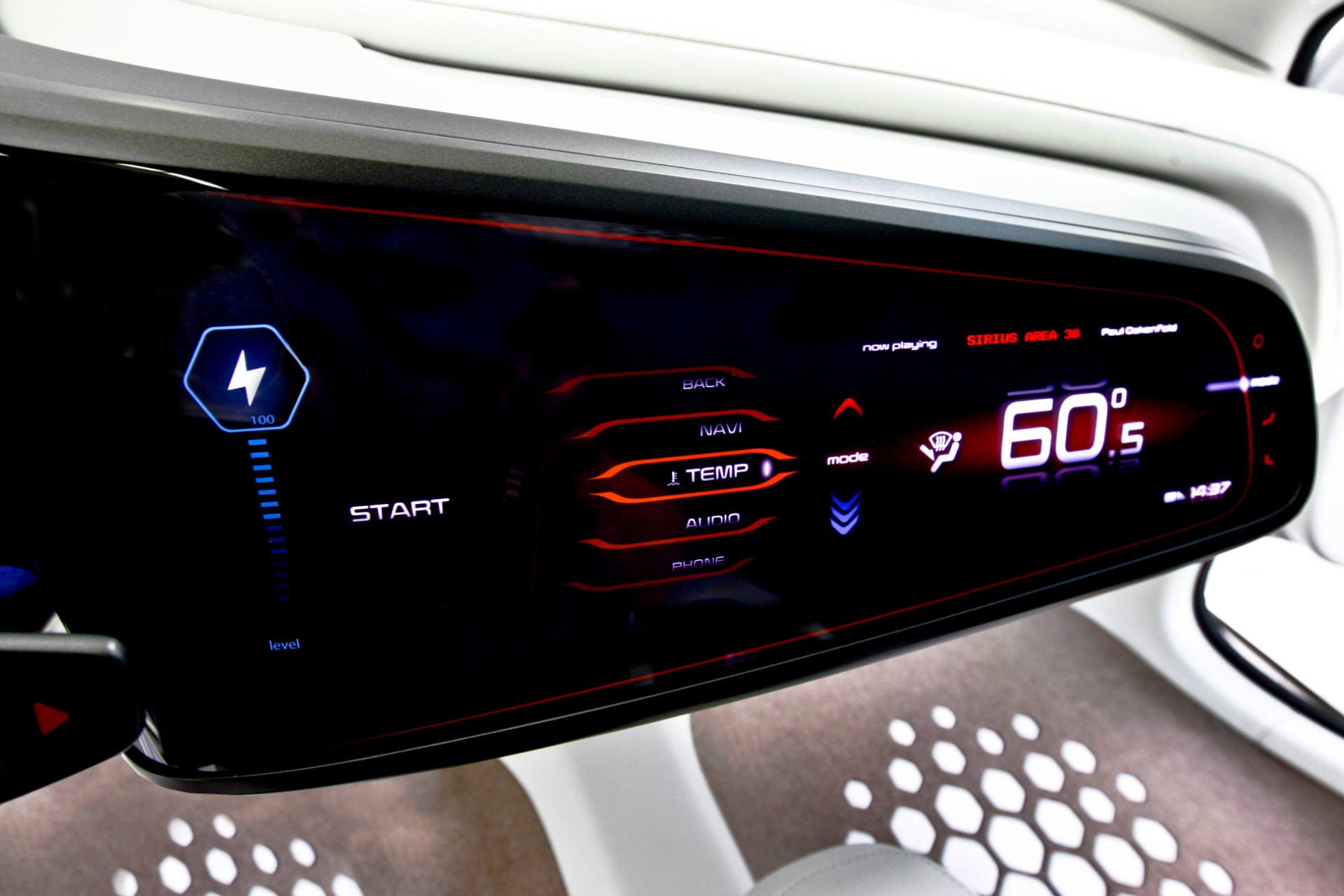Kia Ray concept curved display showing charge level, start prompt, navigation and audio menu, and climate temperature readout
