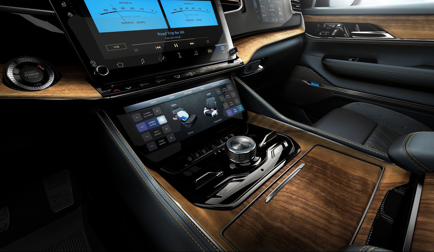 Wagoneer integrated center stack proposal with blue trim, floating display, and rotary shifter