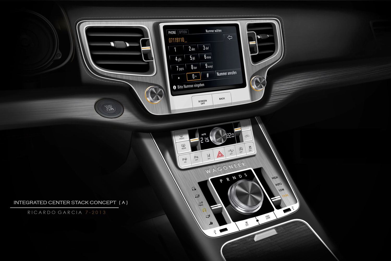Wagoneer integrated center stack concept A in brushed aluminium with stacked climate and shifter controls