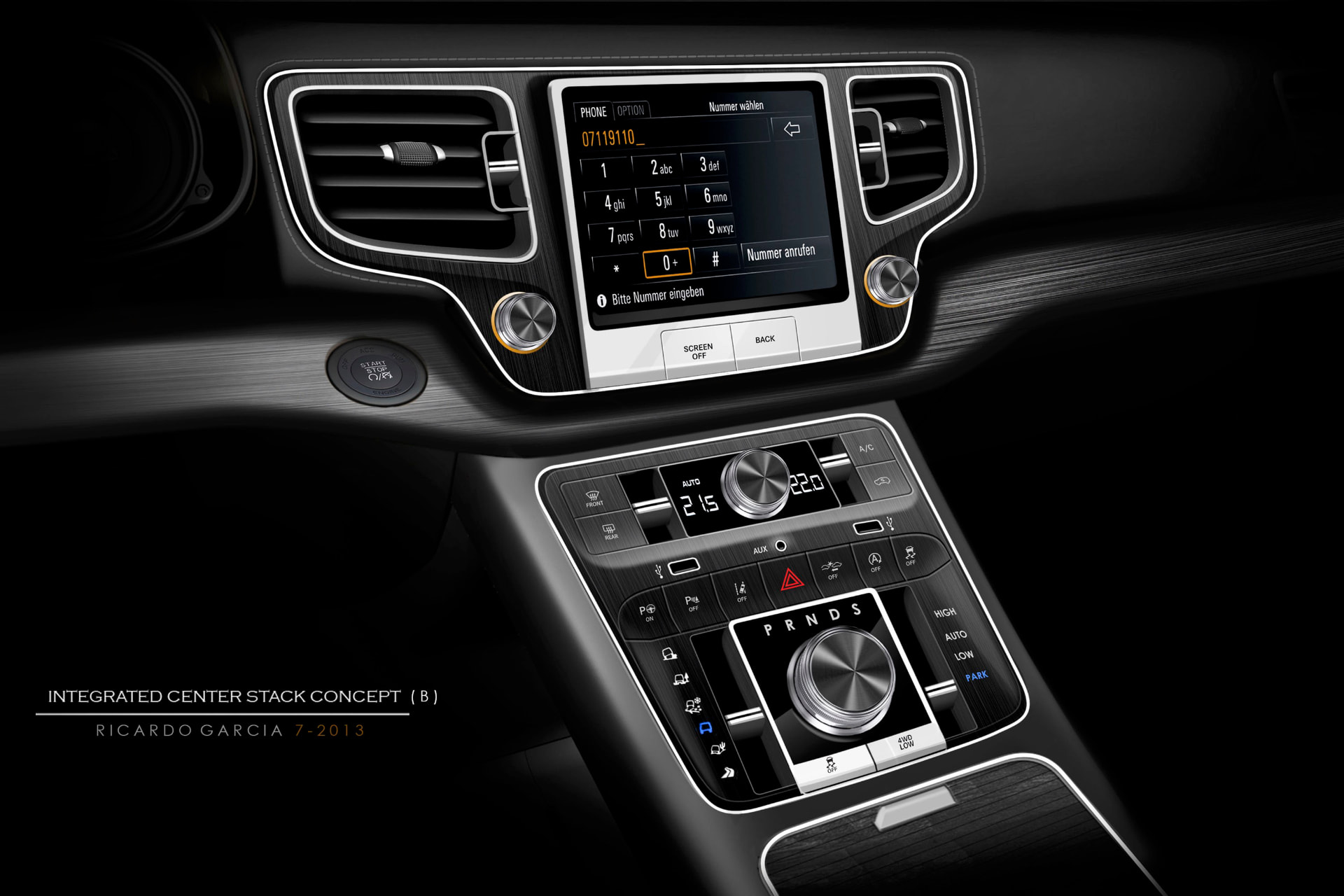 Wagoneer integrated center stack concept B in dark grain with vertical control bank and rotary shifter