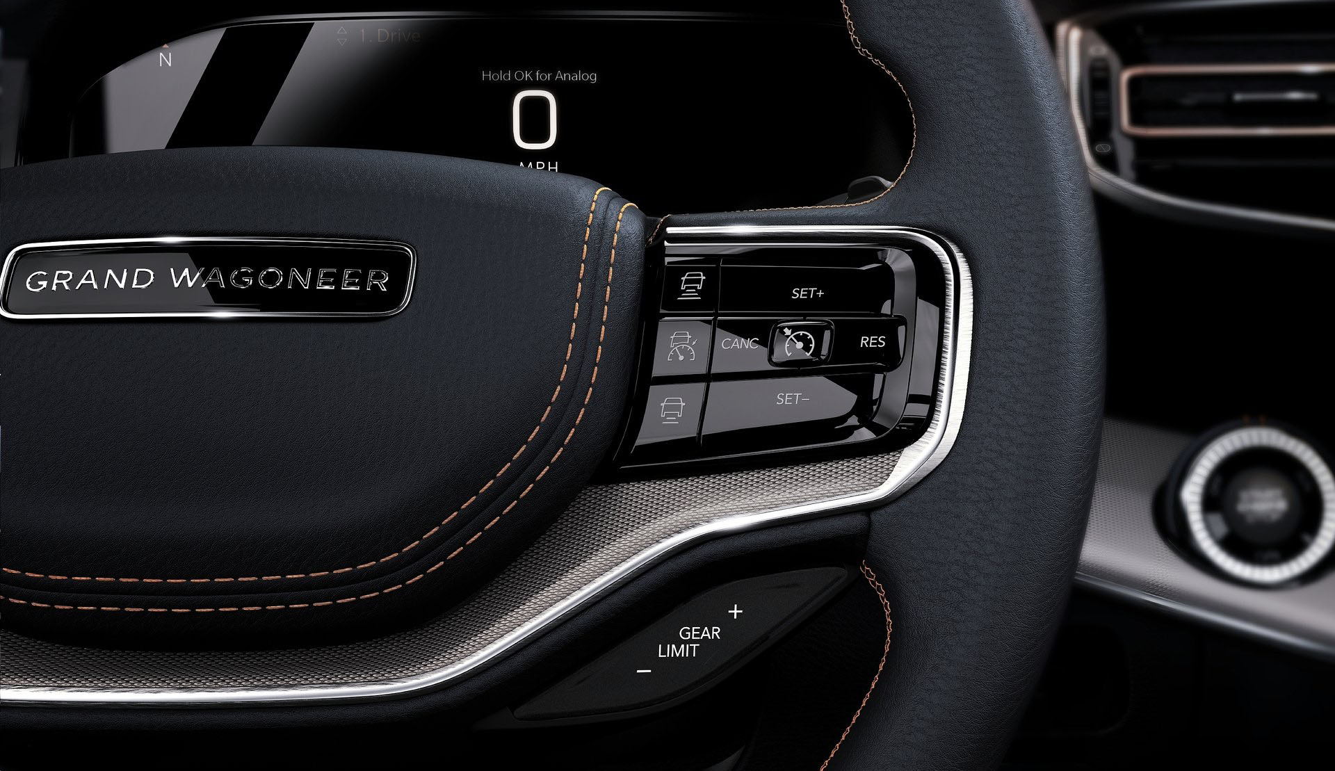 Production Grand Wagoneer steering wheel switch pack with cruise and lane controls beside the digital cluster