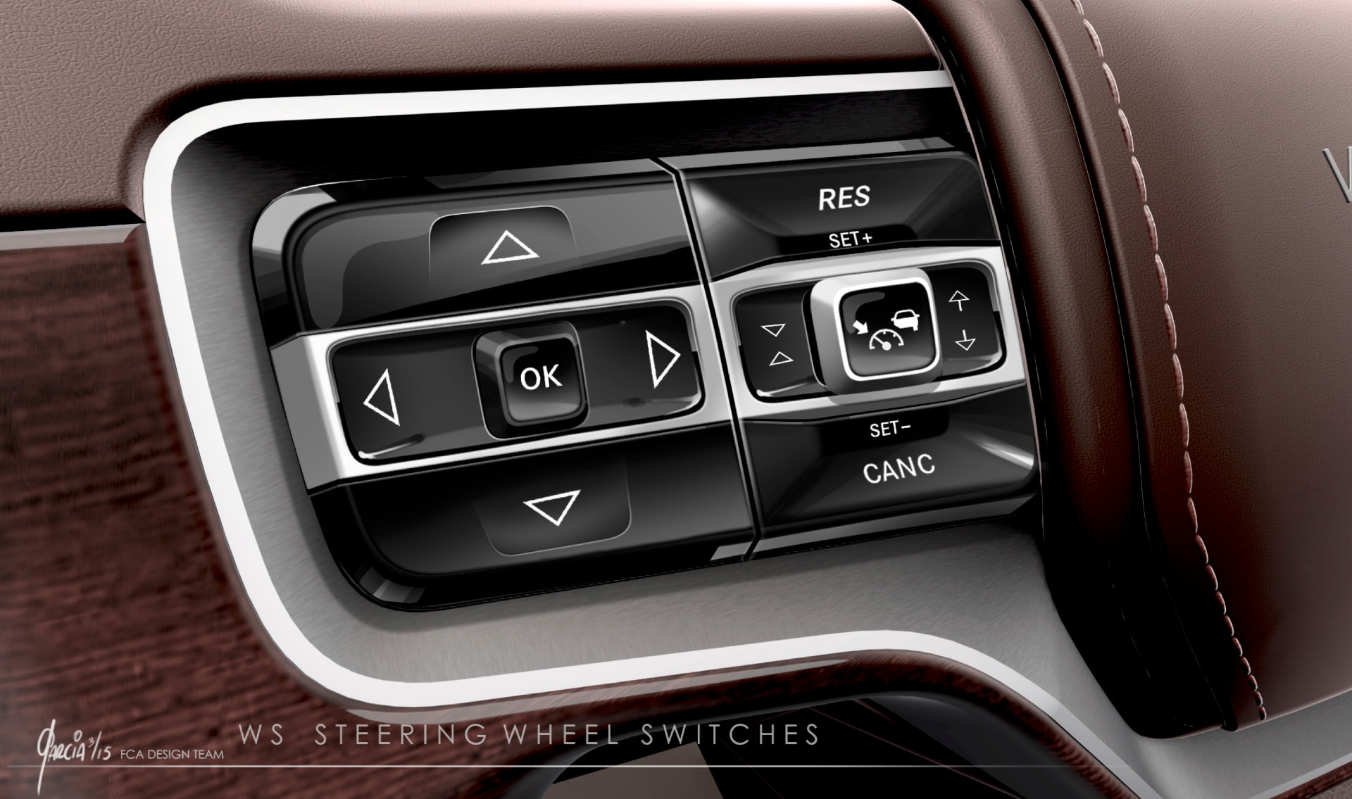 Wagoneer steering wheel switch pack render with OK pad, cruise controls, and chrome bezel on wood and leather trim