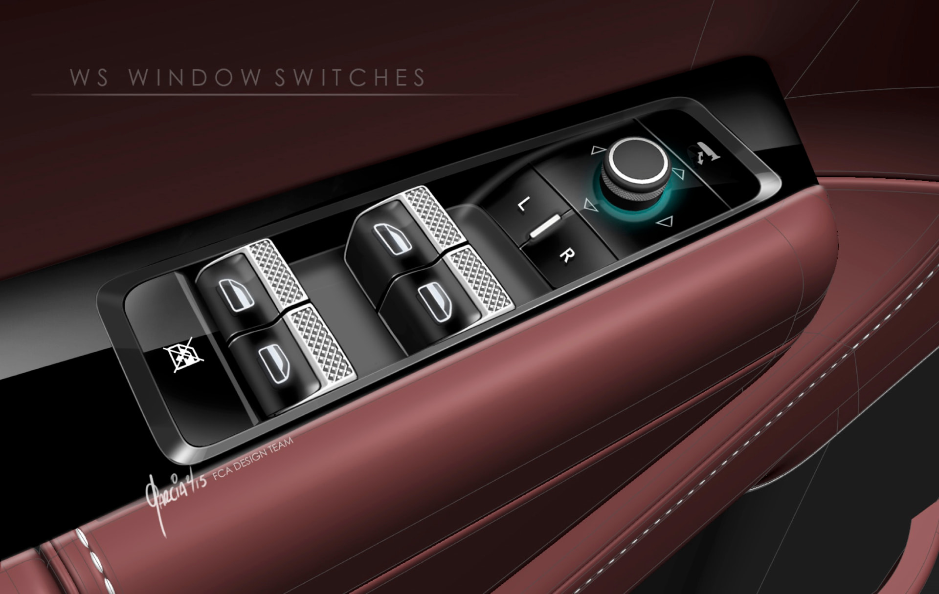 Wagoneer driver door window switch pack render with knurled chrome accents on red leather trim