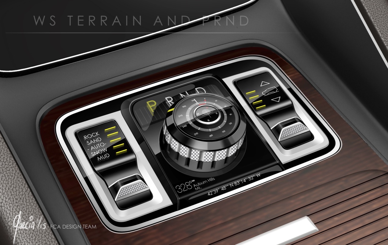 Wagoneer console terrain select and PRND rotary module with knurled dial on wood trim