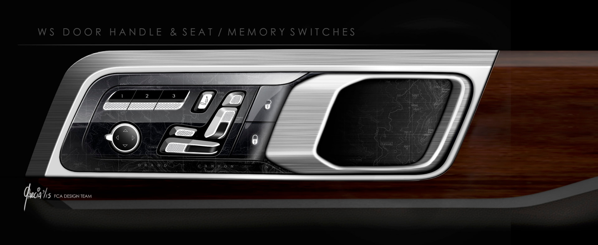 Wagoneer door handle bezel with seat memory and seat adjust switches on brushed metal and wood trim